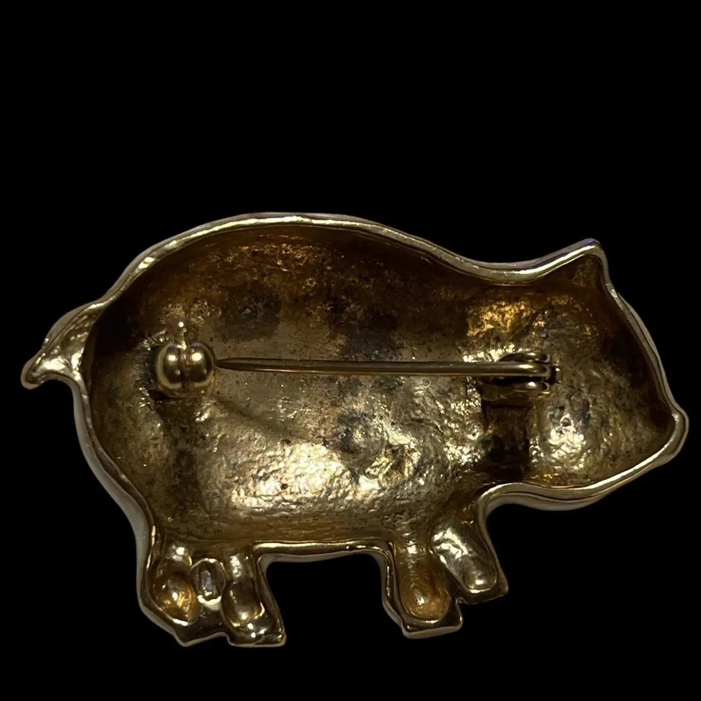 Vintage Festive Enamel Pig Brooch with Holiday Accents Gold Tone